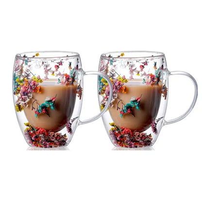 Handcrafted Double Glass Flowers Mug