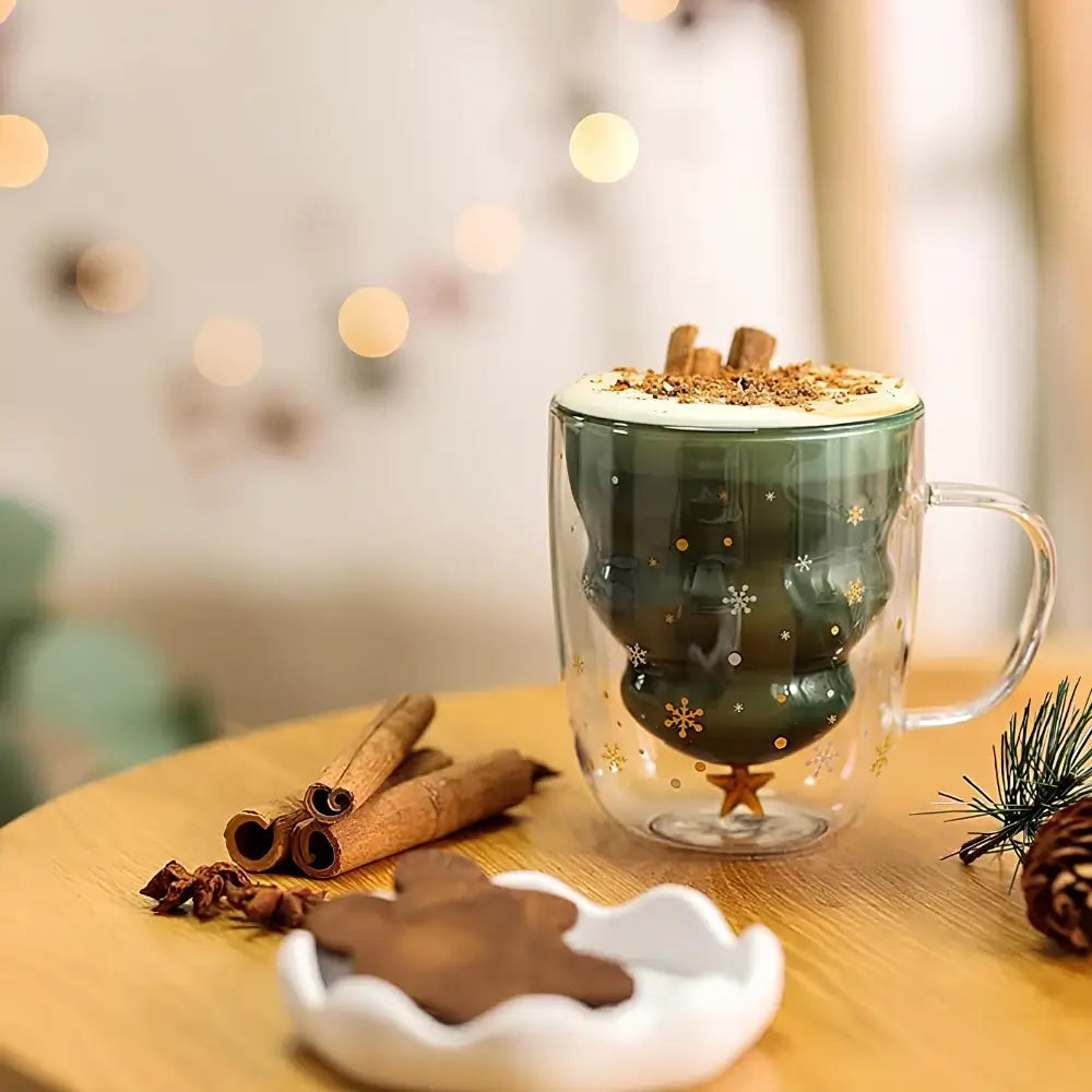 Christmas Tree Double Glass Mug with Lid – 350ml