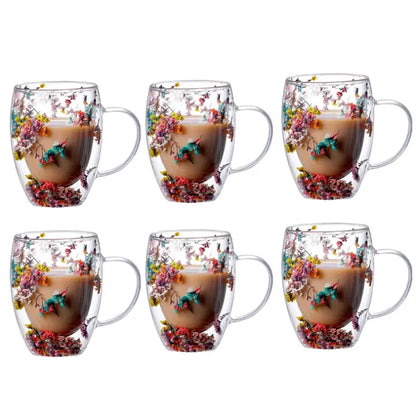 Handcrafted Double Glass Flowers Mug