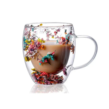 Handcrafted Double Glass Flowers Mug