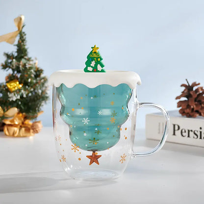 Christmas Tree Double Glass Mug with Lid – 350ml