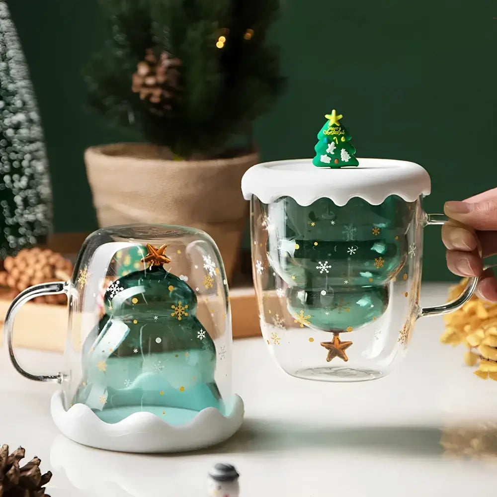 Christmas Tree Double Glass Mug with Lid – 350ml