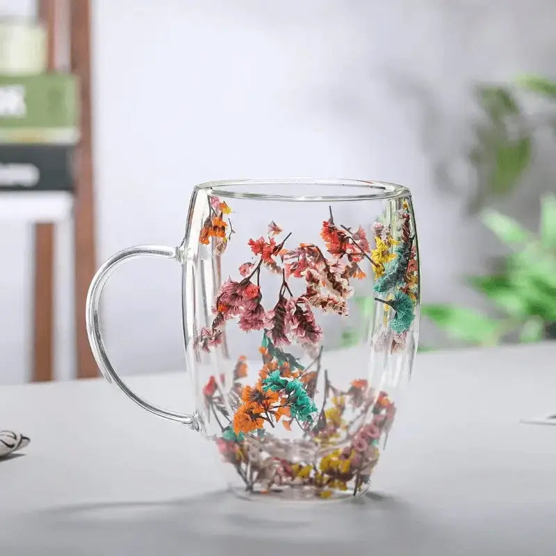 Handcrafted Double Glass Flowers Mug