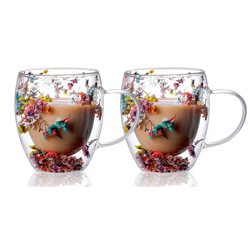 Handcrafted Double Glass Flowers Mug