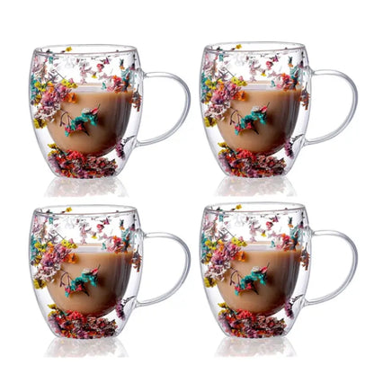 Handcrafted Double Glass Flowers Mug