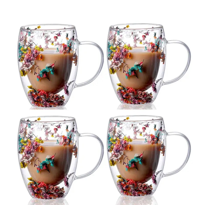 Handcrafted Double Glass Flowers Mug