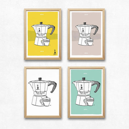 Minimalist Moka Pot Art Prints - 4 Color Background Series