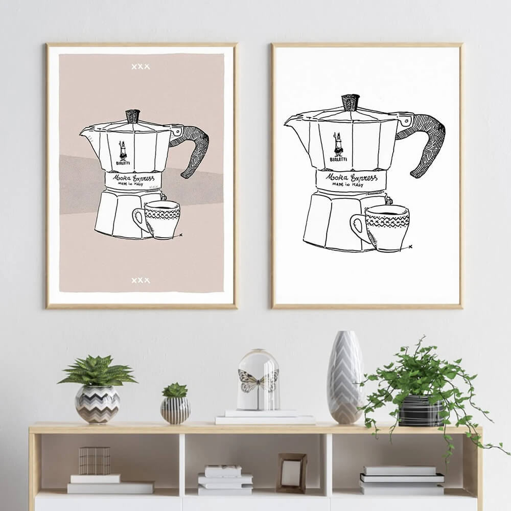 Minimalist Moka Pot Art Prints - 4 Color Background Series