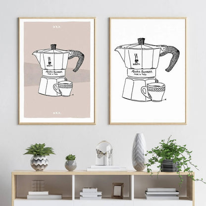 Minimalist Moka Pot Art Prints - 4 Color Background Series