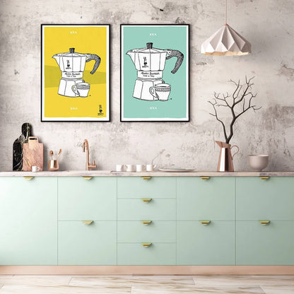 Minimalist Moka Pot Art Prints - 4 Color Background Series