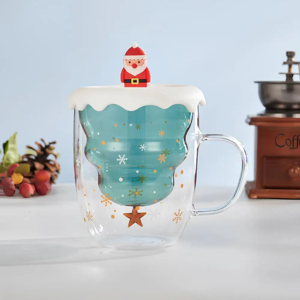 Christmas Tree Double Glass Mug with Lid – 350ml