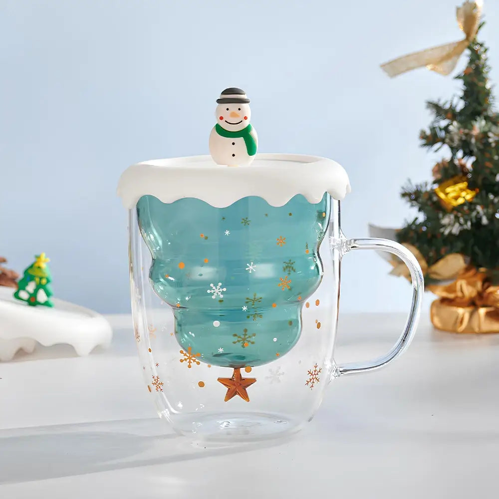 Christmas Tree Double Glass Mug with Lid – 350ml